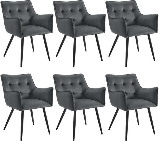 Lot De 6 Chaises De Salle À Manger Scandinave. Fauteuil En Velours. Pieds En Métal. Gris Foncé