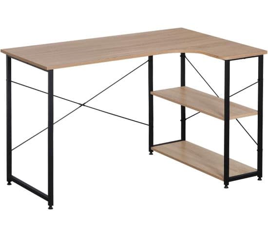 Table De Bureau En Bois+acier.bureau D'ordinateur.bureau Informatique Avec Étagère.noir+chêne Clair