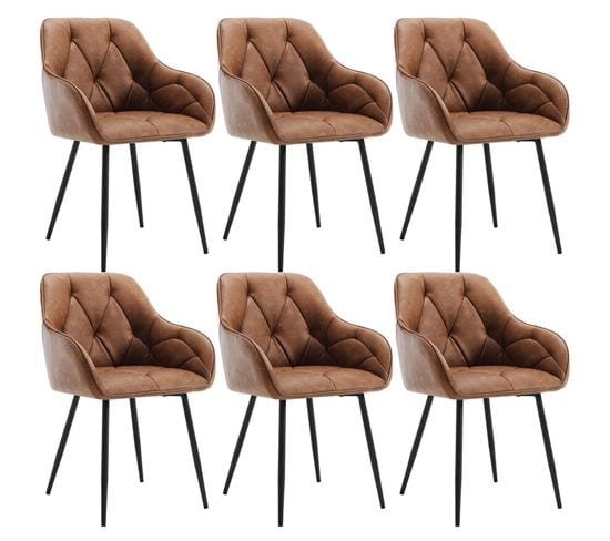 Lot De 6 Chaise De Salle à Manger Rembourrée, Pieds En Métal, En Simili Cuir Vintage, Marron