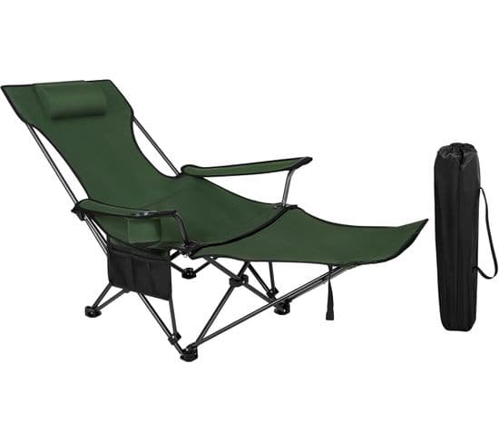 Chaise De Camping Pliante,chaise Longue Avec Repose-pied+appui-tête Amovible,sac De Transport,vert