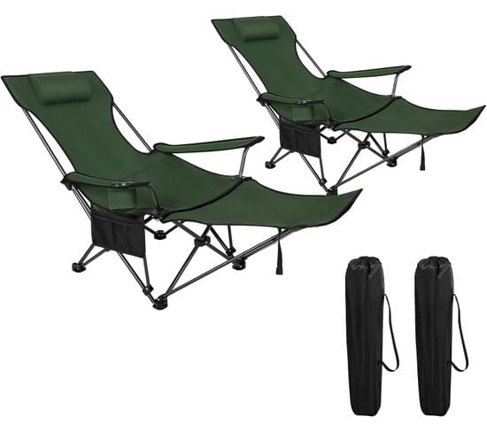 Lot De 2 Chaise De Camping Pliante,chaise Longue Avec Repose-pied+appui-tête,sac De Transport,vert