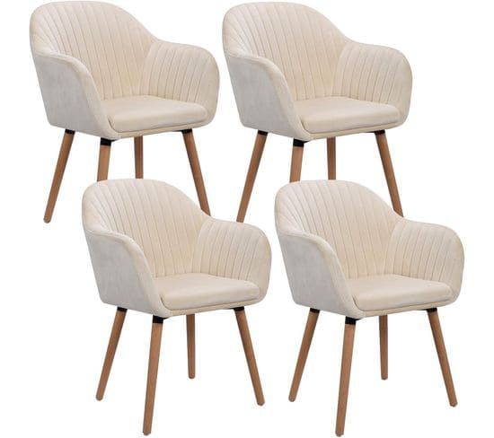 4x Chaises De Salle à Manger-chaises De Réception En Velours Et Bois Massif-crème