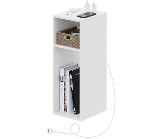 Table De Chevet,table D’appoint Avec Station De Charge,2 Ports Usb+2 Prises,25x30x60cm,blanc