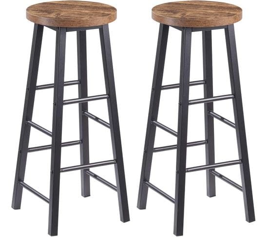 Lot De 2 Tabourets De Bar-pieds En Acier -assise En Mdf -avec Repose-pied Noir+vintage