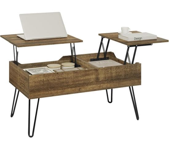 Table Basse,table De Salon Avec 2 Compartiments Cachés,industrielle,pieds En Métal,brun Rustique