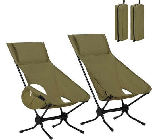 2xchaise Pliante Camping,chaise De Plage,siège De Pêche,avec Dossier Haut,sac De Transport,vert