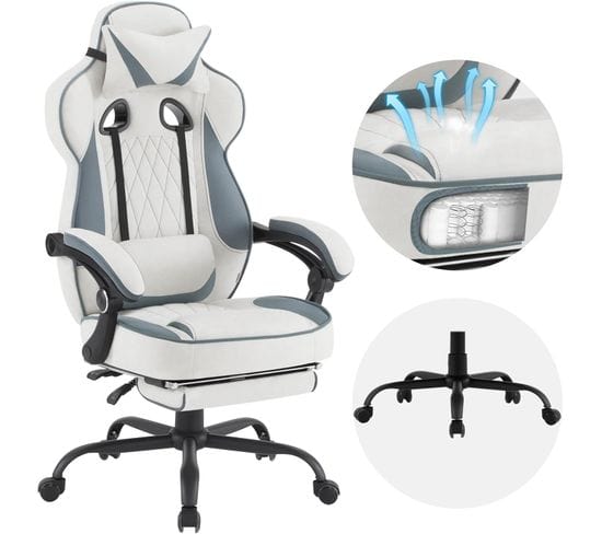 Fauteuil Gamer Pivotante,hauteur Réglable,chaise Bureau Avec Réssorts,en Tissu Leathaire,bleu+blanc