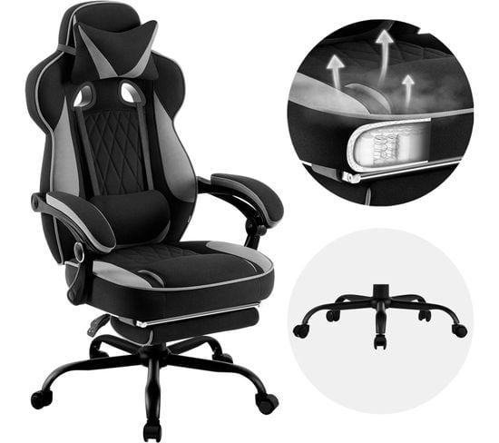 Fauteuil Gamer Pivotante,hauteur Réglable,chaise De Bureau Avec Réssorts,en Tissu Maillé,noir+gris