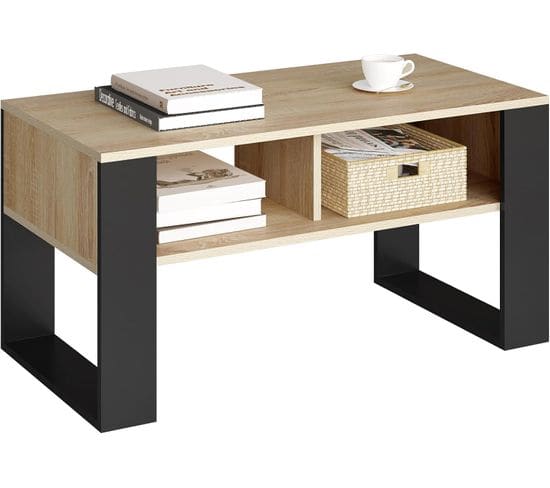 Table Basse Avec Espace Rangement,2 Compartiments Ouverts,en Bois D'ingénierie90x45x45cmchêne Clair