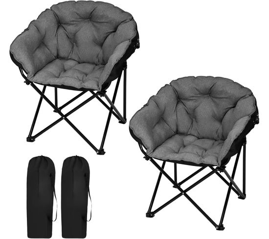 2xchaise Pliante Camping,chaise Pêche Rembourré,sac De Transport,en Lin+tissu Oxfordnoir+gris Foncé