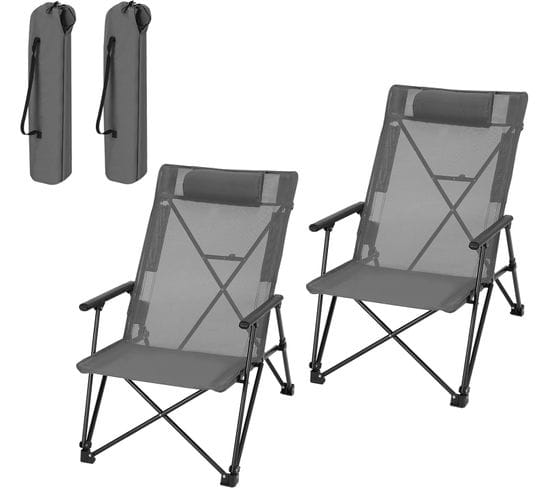 2xchaise Camping Pliante,chaise De Plage,avec Dossier Haut Et Appui-tête,en Polyester,gris Foncé