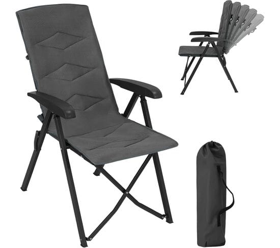 Chaise Pliante Camping,chaise Longue Rembourré,avec Dossier Haut Réglable,cadre En Métal,gris Foncé