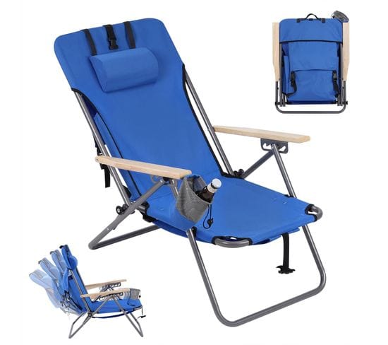 Chaise Camping Pliante,chaise Longue Avec Dossier Inclinable,appui-tête Amovible,tissu Oxford,bleu