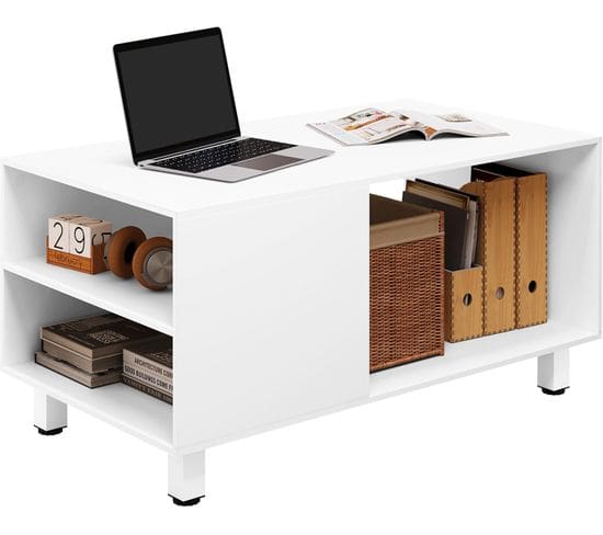 Table Basse Salon Avec Rangement,avec 2 Étagères Latérales,1 Compartiment Ouvert,90x50x45cm,blanc