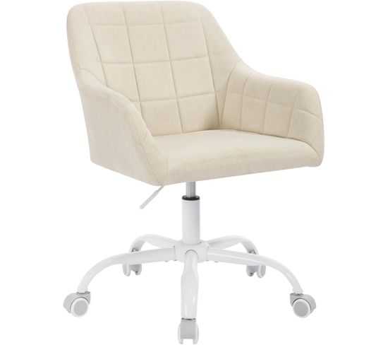 Chaise De Bureau à Roulettes,hauteur Réglable,pivotante,siège Rembourré,en Lin,beige+blanc