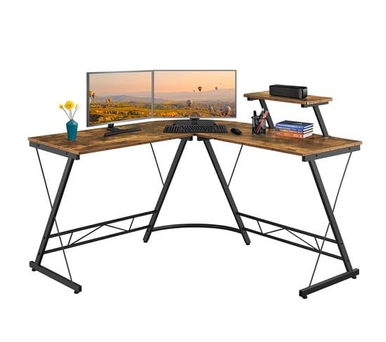 Bureau D’angle Bureau Gaming PC En Forme L Marron Rustique