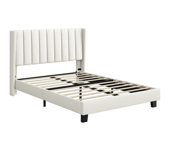 Lit Double Rembourré Moderne Avec Sommier En Bois Et Métal, Lit Double 140 × 200 Cm, Beige