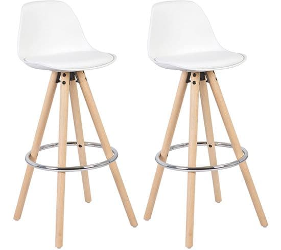 Lot De 2 Tabourets De Bar En Similicuir Et Bois Avec Repose-pieds 38-5x33x96-5cm Blanc