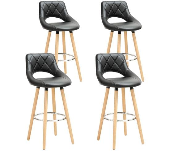 Lot De 4 Tabouret De Bar-en Cuir Synthétique Et Bois Massif Avec Dossier Et Repose-43x40x96cm-noir