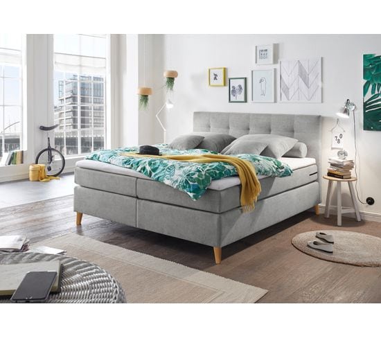 Lit boxspring 180x200 cm avec sommier et matelas MISSOURI gris clair