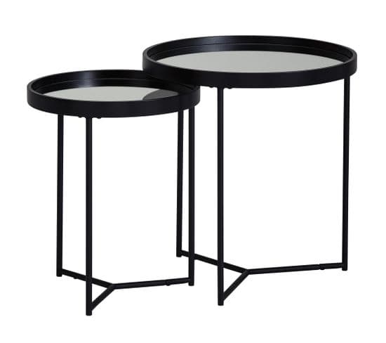 Table D'appoint Table De Salon Ronde En Verre Miroir Noir En 2 Parties Table Gigogne