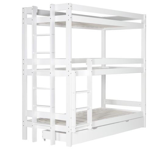 Lit Superposé Triple 90x200 En Bois Blanc