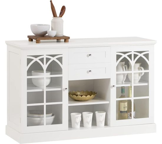 Buffet Commode Dressoir Armoire De Cuisine Avec 2 Portes Vitrées, 2 Tiroirs, 2 Compartiment, Fsb79-w