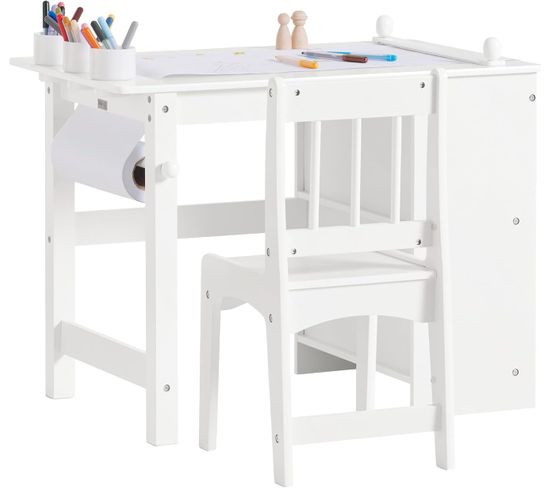 Ensemble Table Et Chaise Enfant Avec 2 Étagères, 1 Porte-rouleau De Papier, Kmb60-w