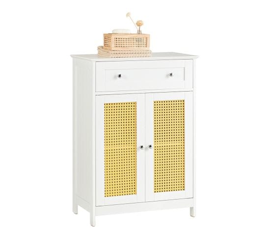 Armoire Toilette, Meuble De Rangement Avec 1 Tiroir Et 2 Portes En Ploy Rotin, BZr120-w