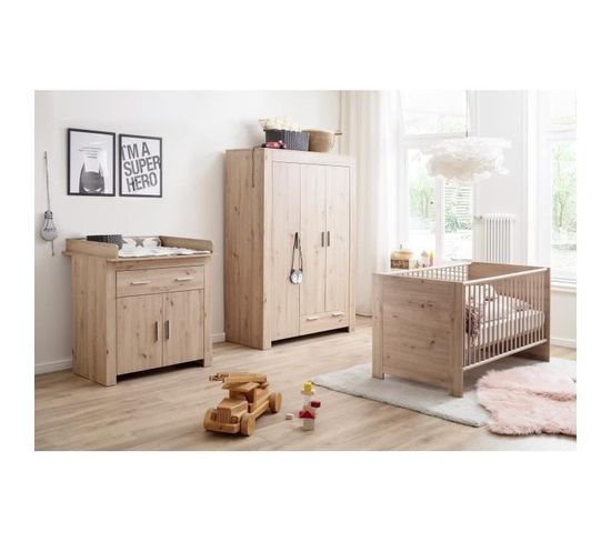 Chambre Bébé Trio : Lit 70 X 140 Cm + Commode à Langer + Armoire Ahoi - Chêne