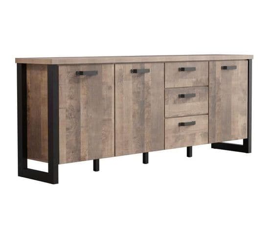 Buffet Emile - Mélamine Chêne Brun Tabac Et Noir Mat - 3 Portes + 3 Tiroirs - L214 X P45 X H86 Cm