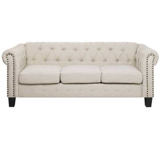 Canapé 3 Places En Tissu Beige Avec Pieds Droits Chesterfield