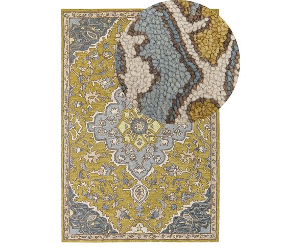 Tapis En Laine Jaune Et Bleu 140 X 200 Cm Mucur