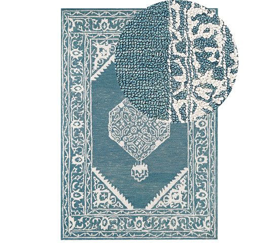 Tapis En Laine 140 X 200 Cm Blanc Et Bleu Gevas