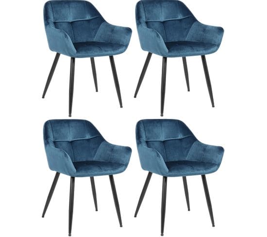 Lot De 4 Chaises De Salle À Manger Emia En Velours Avec Piètement En Métal Noir Bleu/velours