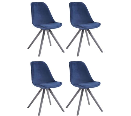 Lot De 4 Chaises De Salle À Manger Toulouse Velours Pieds Ronds Bois Bleu/gris