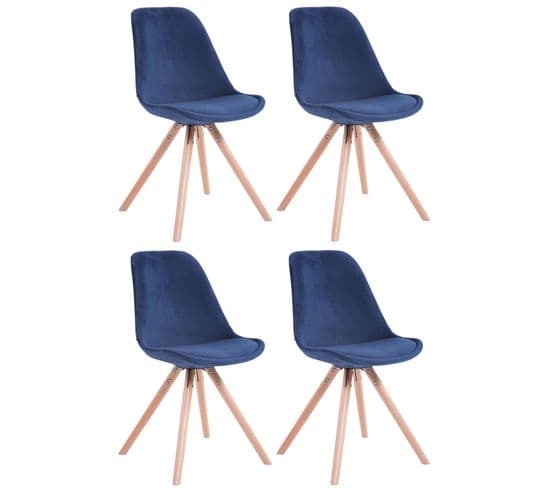 Lot De 4 Chaises De Salle À Manger Toulouse Velours Pieds Ronds Bois Bleu/nature