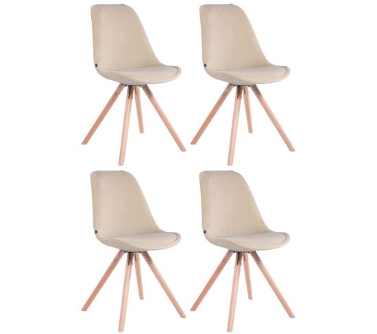 Lot De 4 Chaises De Salle À Manger Toulouse Velours Pieds Ronds Bois Crème/nature