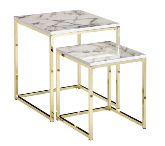 Table D'appoint Lot De 2 Effet Marbré Table Basse Salon Carrée Moderne