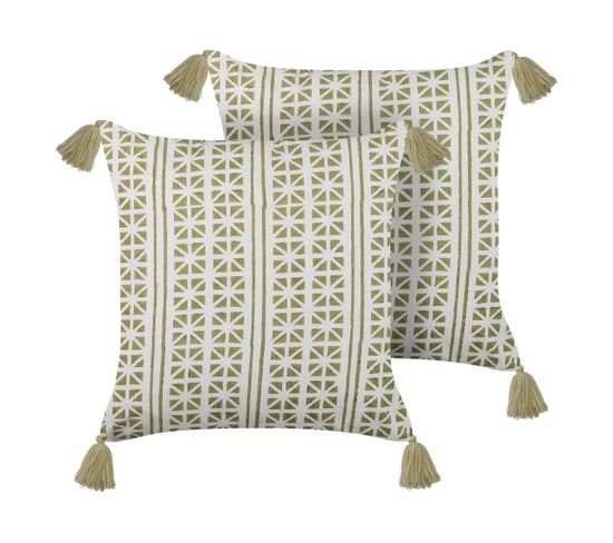 Lot De 2 Coussins Impression En Bloc Coton Vert Syringa 45 X 45 Cm