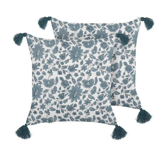 Lot De 2 Coussins Impression En Bloc Coton Bleu Rumex 45 X 45 Cm