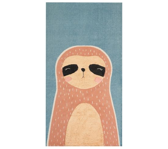 Tapis Enfant Imprimé Paresseux En Coton 80 X 150 Cm Bleu Et Orange Isak