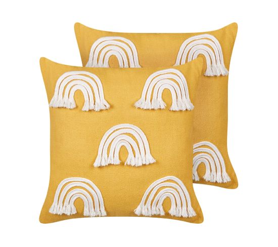 Lot De 2 Coussins Broderie Coton Jaune Leea 45 X 45 Cm