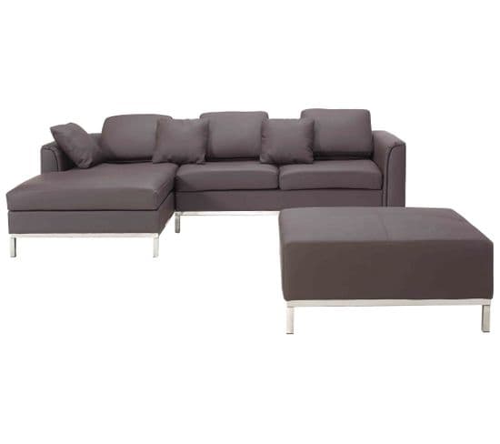 Canapé Angle à Droite 4 Places En Cuir Marron Avec Pouf Oslo