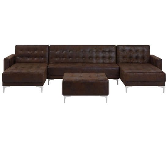 Canapé Panoramique Convertible En Cuir Pu Marron 5 Places Avec Pouf Aberdeen