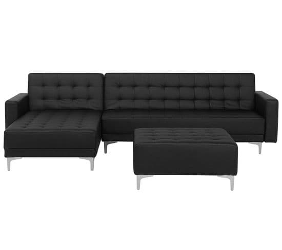 Canapé Angle Gauche Convertible Cuir Pu Noir 4 Places Avec Pouf Aberdeen