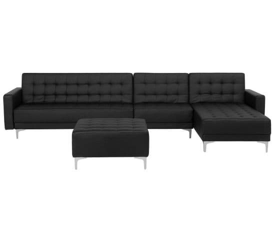 Canapé Angle Gauche Convertible Cuir Pu Noir 5 Places Avec Pouf Aberdeen