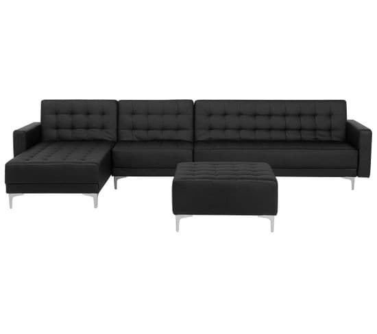 Canapé Angle Gauche Convertible Cuir Pu Noir 5 Places Avec Pouf Aberdeen