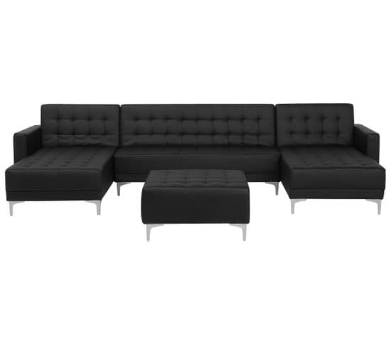 Canapé Panoramique Convertible En Cuir Pu Noir 5 Places Avec Pouf Aberdeen