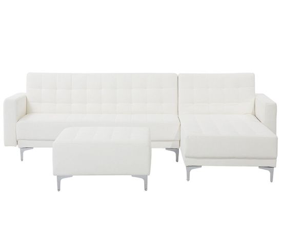 Canapé Angle Droit Convertible Cuir Pu Blanc Avec Pouf 4 Places Aberdeen